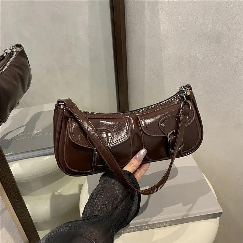 Fashion Pu Leather Women's Shoulder Bag Small Double Pocket Design Ladies Underarm Bags Y2k Vintage Female Handbags Clutch Purse