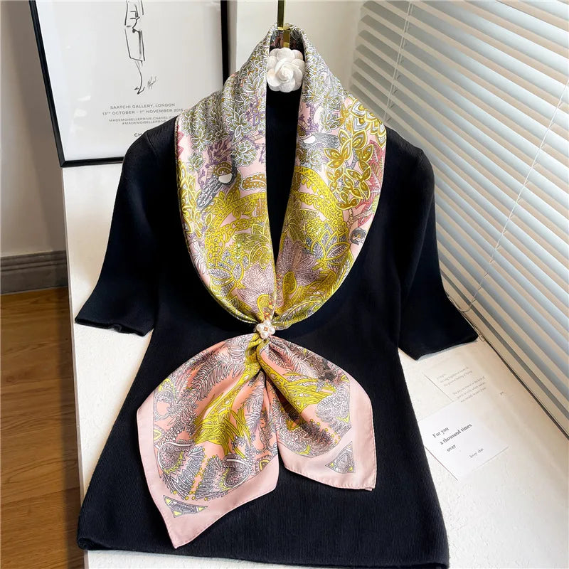Brand Twill Silk Scarf Women Luxury Shawl Wrap 90cm Square Headband Print Neck Tie Female Hijab Satin Echarpe 2025 Bandana