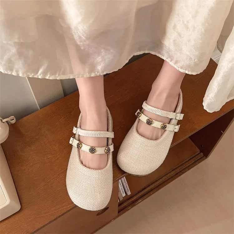 Women's Woven Mary Jane Mules Flat Round Toe Slip-On Shoes with Buckle Straps and Rose Hardware Casual Balletcore Summer Sandals