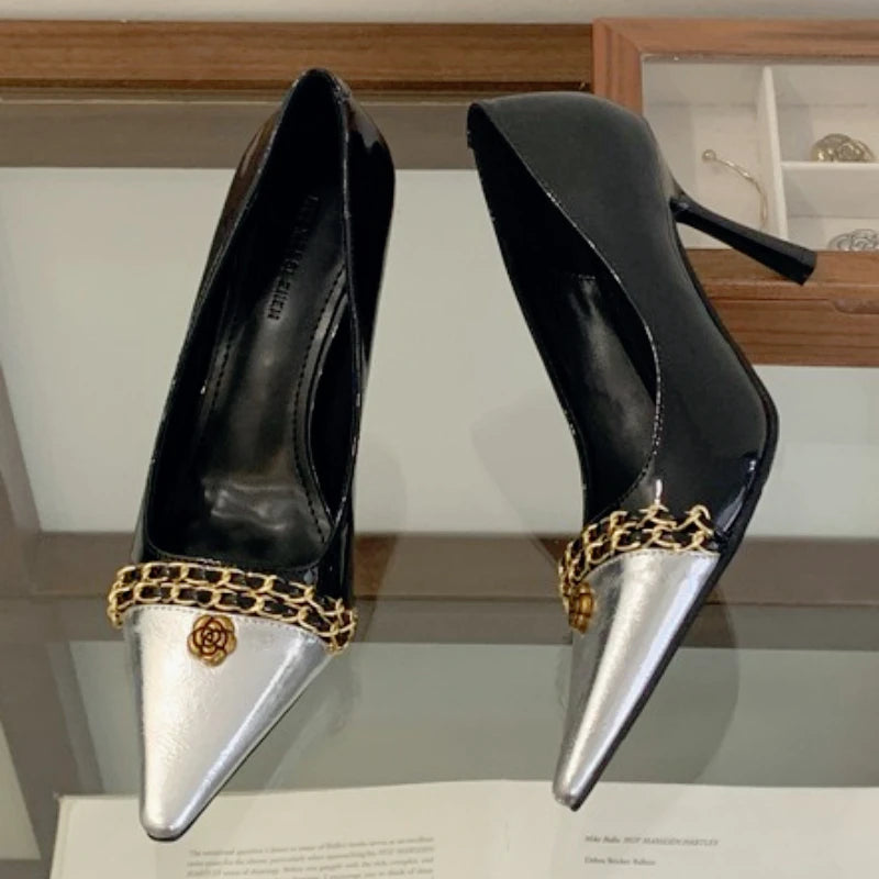 Luxury Metal Decoration Design Pumps Women Sexy Splicing Pointed Toe Stiletto Sandals Elegant Banquet Dress Shoes Zapatos Mujer