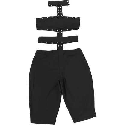 Sexy Halter Neck Cutout Bodycon Jumpsuit Women 2026 Summer Solid Studded Hollow Out Biker Short Romper Party Clubwear Outfits