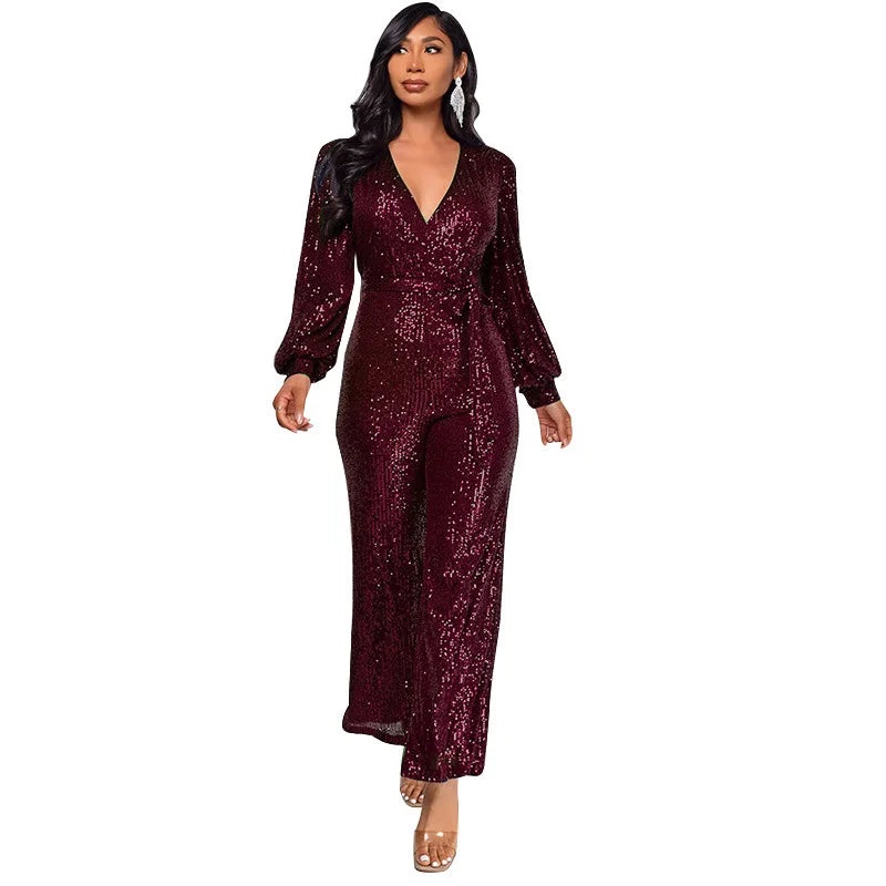 Uoozee Women's Deep V-Neck Sequins Club Jumpsuits Long Puff Sleeve Tie Waist Straight-leg Party Evening One Piece Outfits 2026