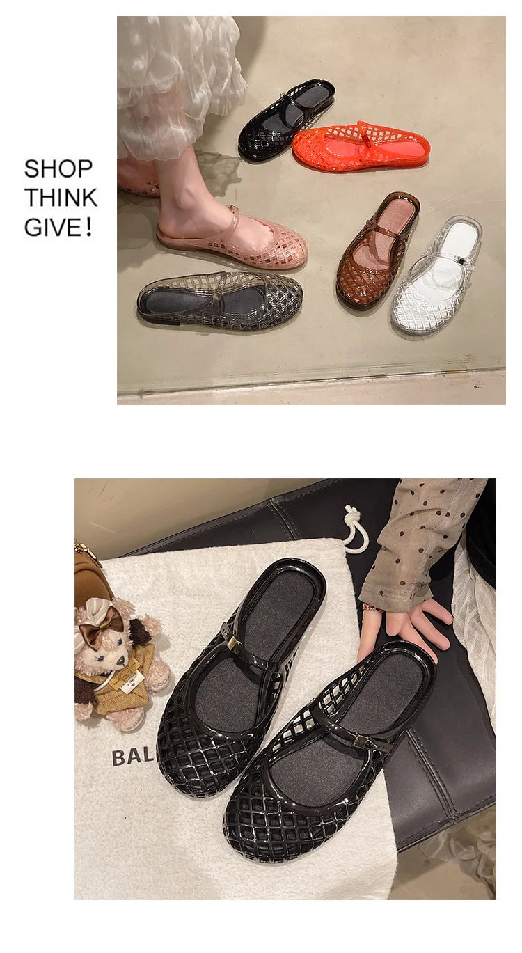 Women's Light Luxury Crystal Jelly Mary Jane Flat Sandals Hollow-out Breathable Closed Toe Summer Casual Non-slip Slip-on Shoes