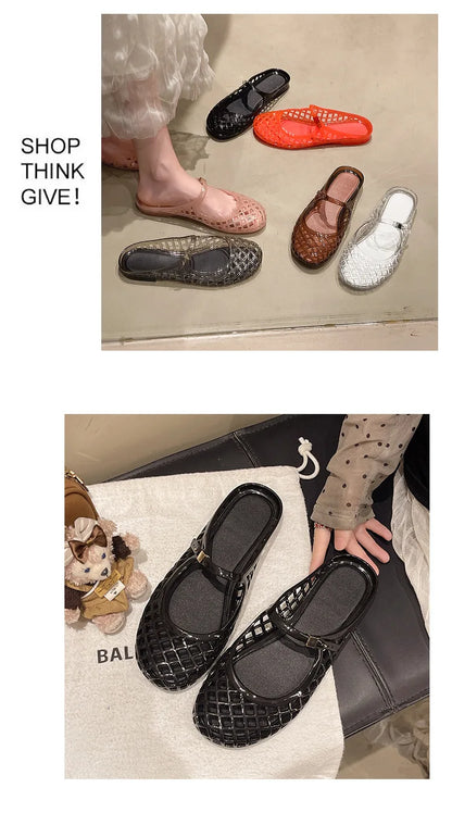 Women's Light Luxury Crystal Jelly Mary Jane Flat Sandals Hollow-out Breathable Closed Toe Summer Casual Non-slip Slip-on Shoes
