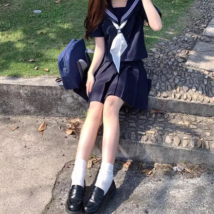 Japanese Classical Dark Blue long-sleeved sailor uniforms white collar towel High School JK uniform cosplay Cute Girl DA020