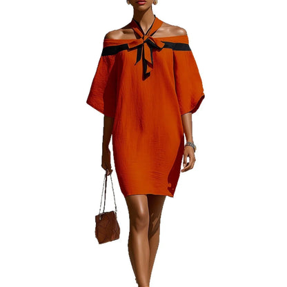 Elegant Temperament Women's Color Blocked Off Shoulder One Shoulder Summer Bow Collar Decorated With Bat Sleeves Mini Dress New