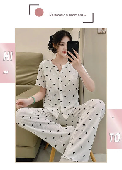 Cotton Fabric Floral Cardigan Printed Pajamas for Women Short-Sleeved Top and Long Pants Sleepwear Homewear Set Ladies Nightwear