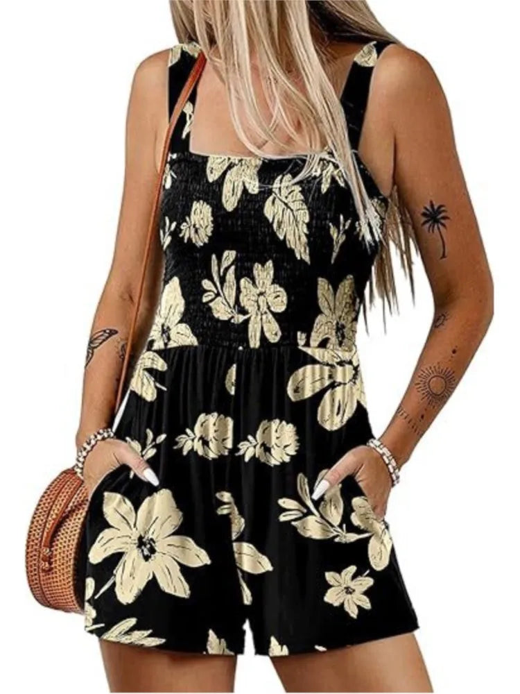 Femmes Print Jumpsuit Fashion Boho Beach Party Jumpsuits Lady Casual Sleeveless Pockets High Waist Shorts Jumpsuits Summer New