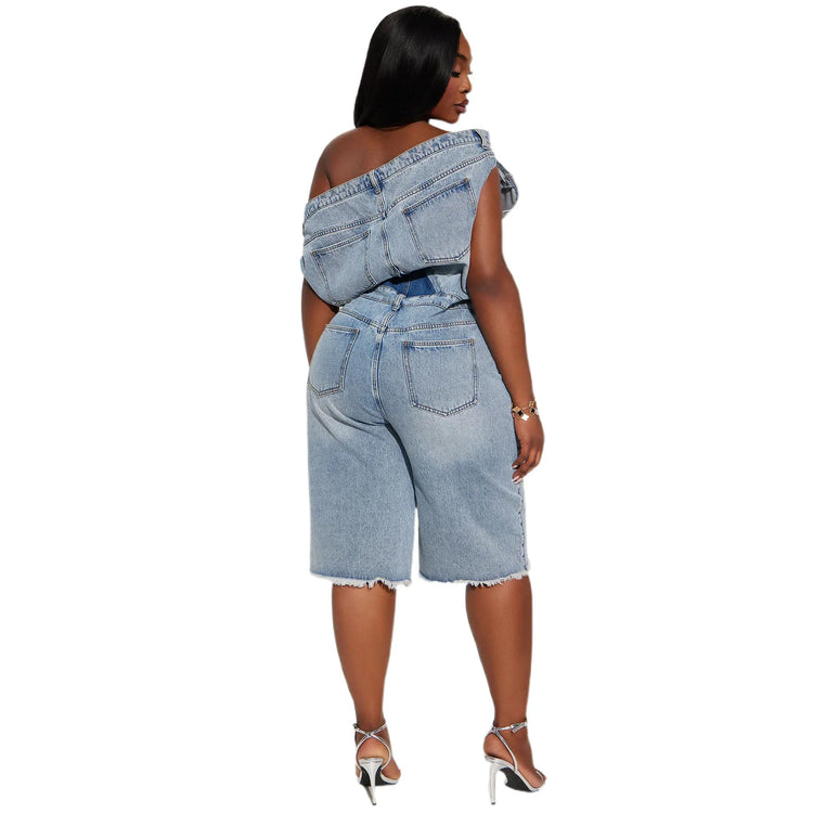 Jumpsuits Women Denim One Piece Short Sleeve Overalls Knee Length Pants Tight Waist Rompers Y2k Streetwear Slash Neck 2026
