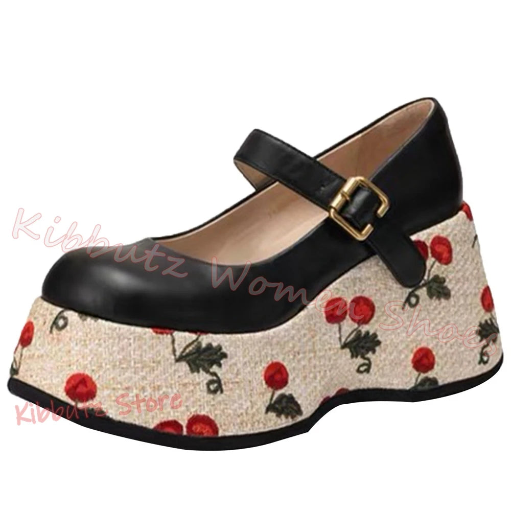 Mary Jane Pumps Cherries Platform Mixed Color Leather Belt Buckle for Women Shoes Round Toe Height Increasing Elegant Sexy New