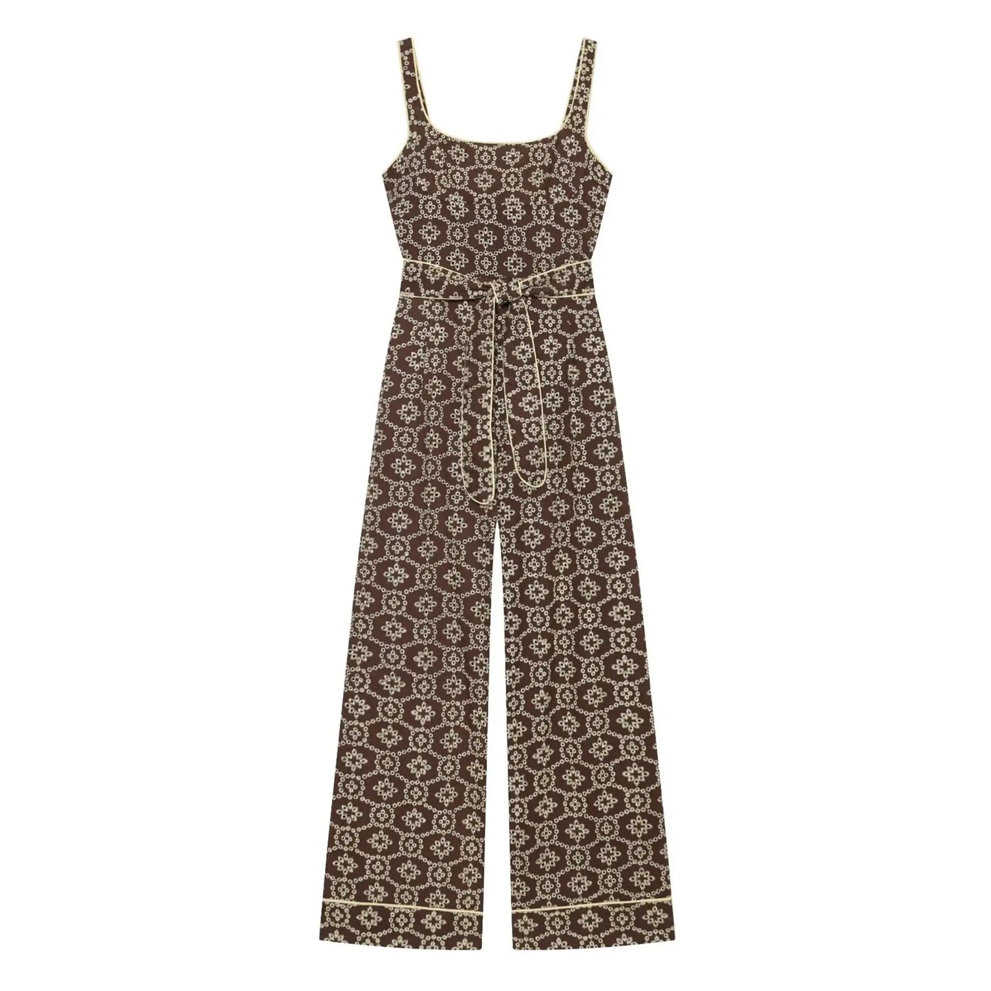 TFMLN New Women's Floral Embroidered Jumpsuits High Waist Casual Sleeveless Wide Leg Long Romper With Belt Fashion Summer
