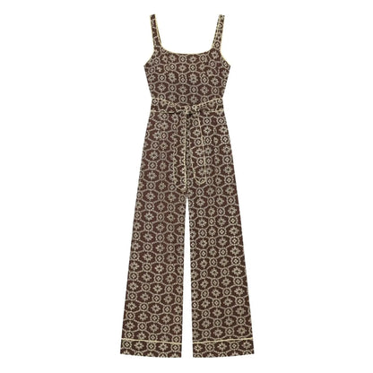 TFMLN New Women's Floral Embroidered Jumpsuits High Waist Casual Sleeveless Wide Leg Long Romper With Belt Fashion Summer