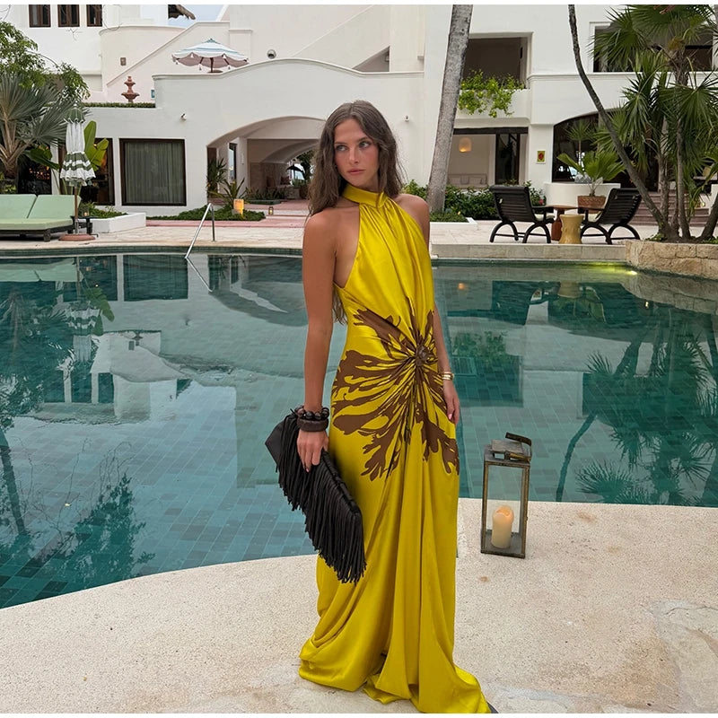 2026 Summer Printed Halter Maxi Dress Women Sleeveless Pleated Chic Satin Long Dresses Fashion Vacation Beach Party Lady Robe