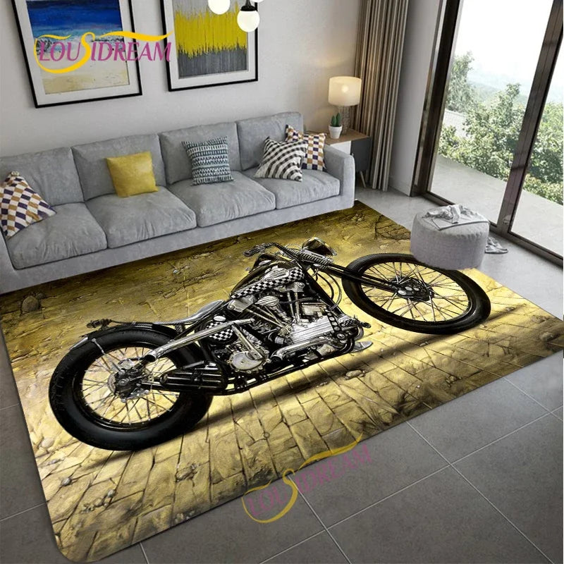 Retro Motorcycle Area Rug Carpet Moto Fans Non-slip Large Door Step Mat Bathmat for Living Room Bedroom Entrance Home Decoration