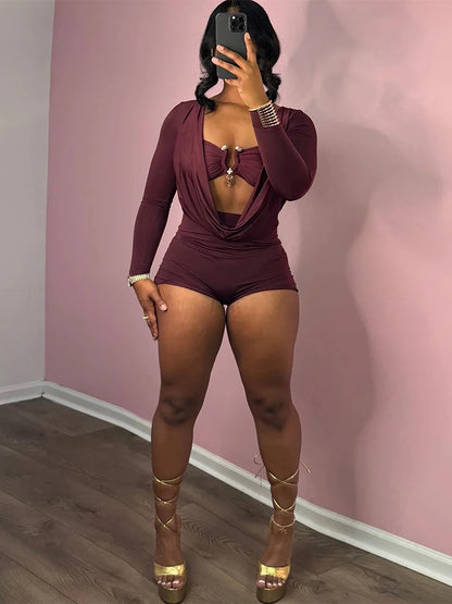 Sisterlinda Swinging Neck Playsuits Women Solid Metal Splice Cleavage Full Sleeve Stretch Sexy Slim Romers Chic Trend Clubwear