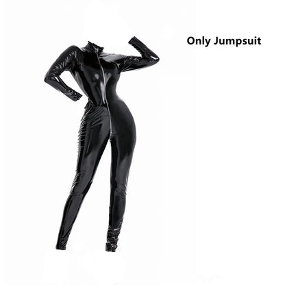 Latex Catsuit Women Wet Look Shiny PU Faux Leather Jumpsuits Suit Long Sleeve Zip Open Crotch Bodysuit Clubwear Plus Size S-5XL