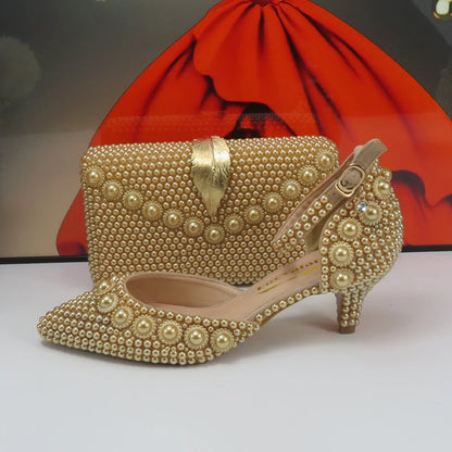 Champagne Pearl Wedding Bridal Shoes Woman Fashion Thin Heel Party Dress Shoe Lace-up Pointed Toe High Handmade Ankle Strap Shoe