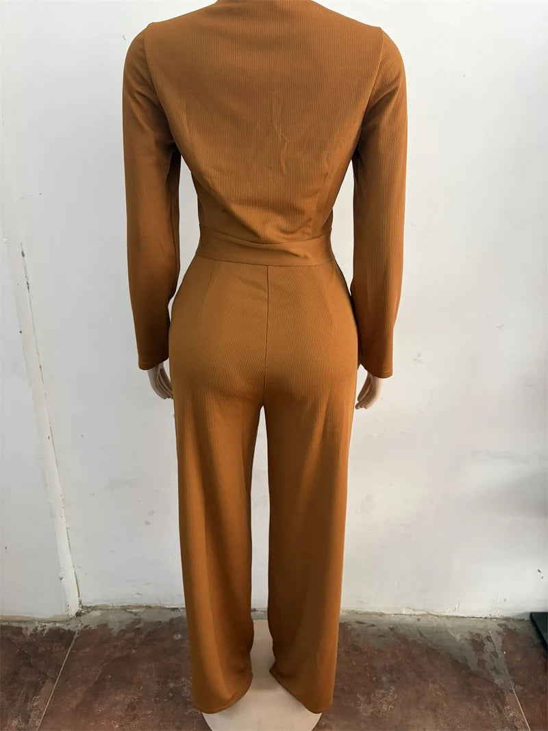 Elegant Office Lady Solid Jumpsuit Women Long Sleeve Lace-up Bow Button Ribbed High Waist Party One Piece Rompers and Jumpsuits