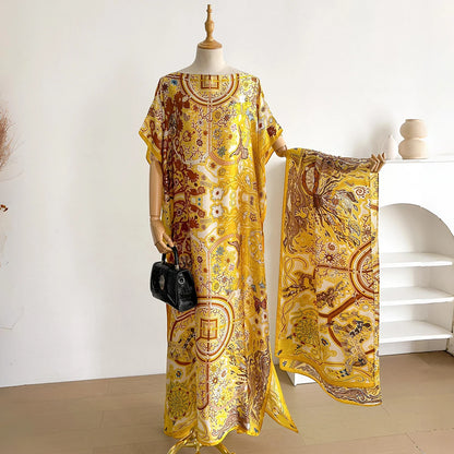 New African For Women Summer Sun protection Short Sleeve Cotton Dress Gold Stamping Loose Lady Maxi Print Dress With Big Scarf