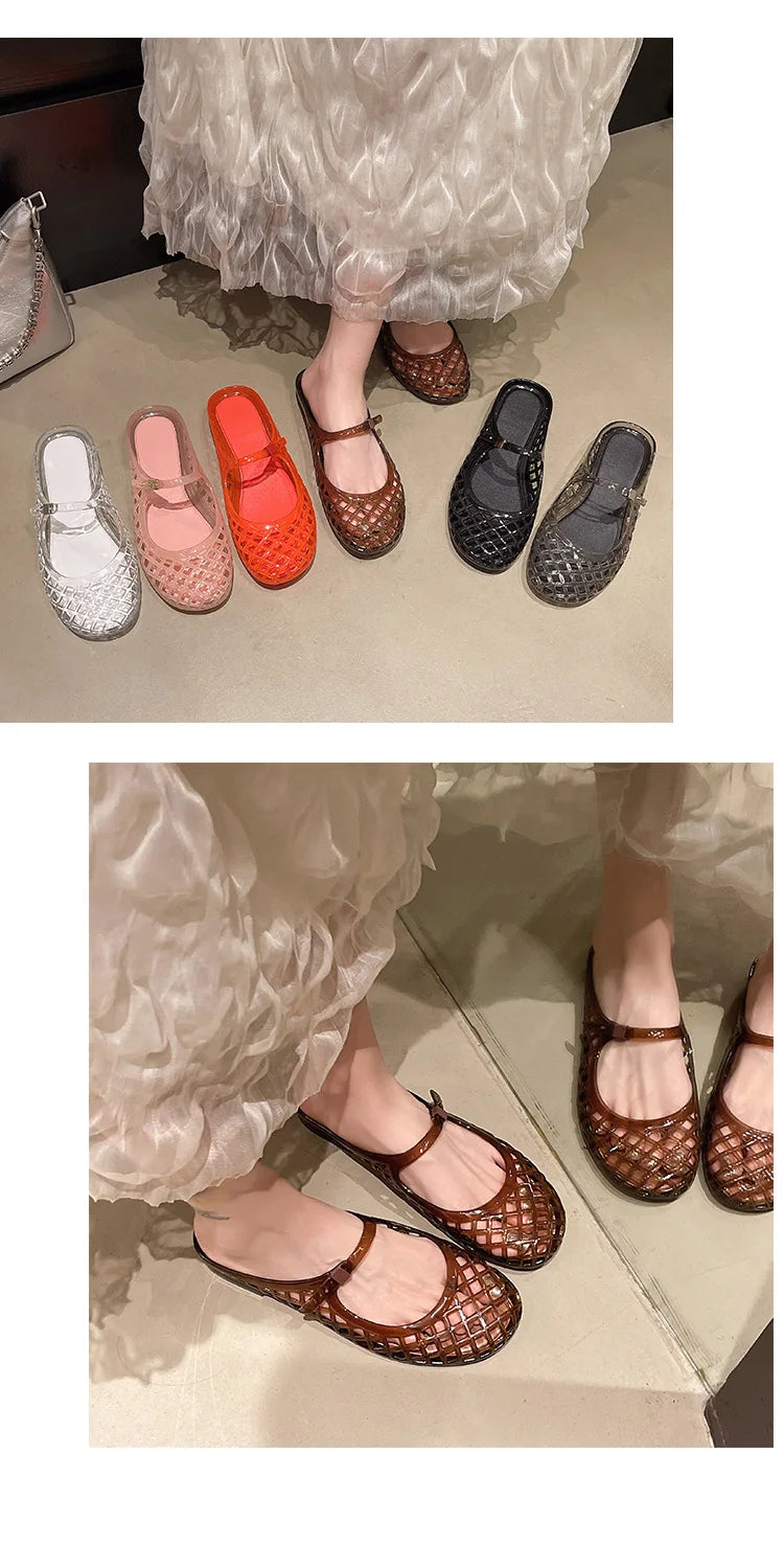 Women's Light Luxury Crystal Jelly Mary Jane Flat Sandals Hollow-out Breathable Closed Toe Summer Casual Non-slip Slip-on Shoes