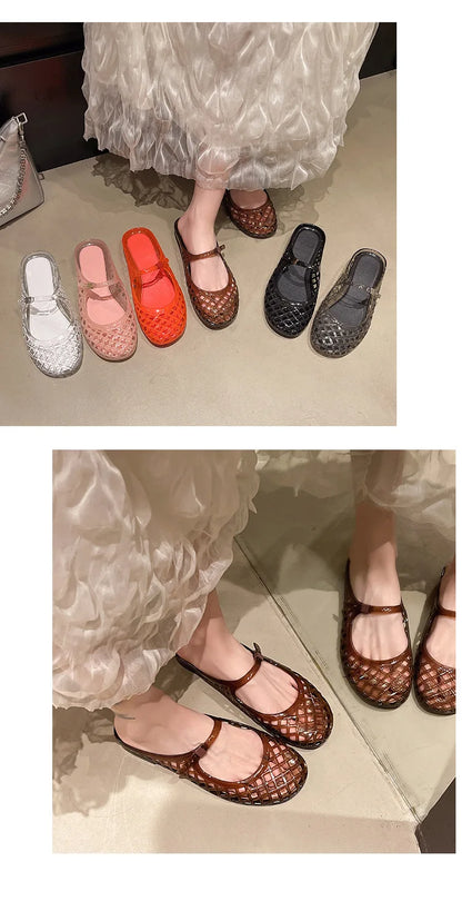 Women's Light Luxury Crystal Jelly Mary Jane Flat Sandals Hollow-out Breathable Closed Toe Summer Casual Non-slip Slip-on Shoes