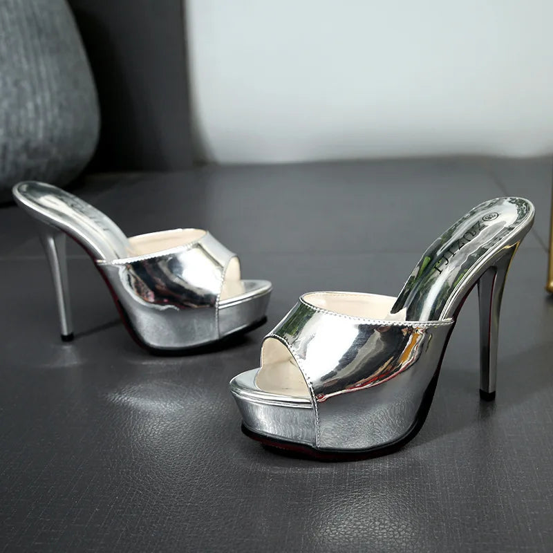Summer High Heels Mules Designer Brand Golden Sandals Woman 2024 Luxury Platform Party Slides Shoes 12CM Stiletto Women Slippers