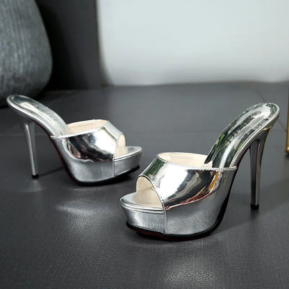 Summer High Heels Mules Designer Brand Golden Sandals Woman 2024 Luxury Platform Party Slides Shoes 12CM Stiletto Women Slippers