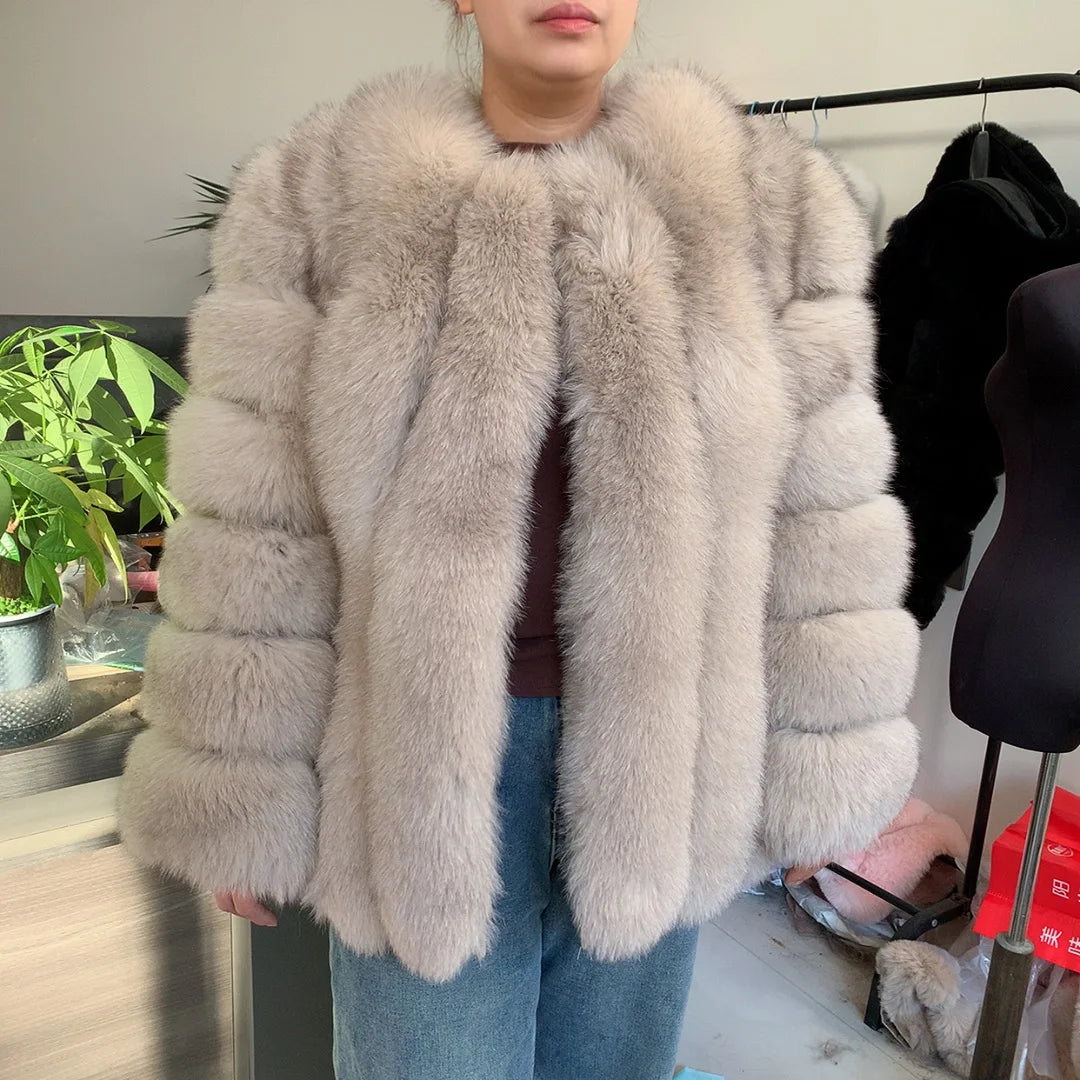 HUAQIUMEISI Real Fox Fur Coat Women's Autumn and Winter Vertical Bar Natural Fox Jacket New Fashion Silver Fox Fur Coat