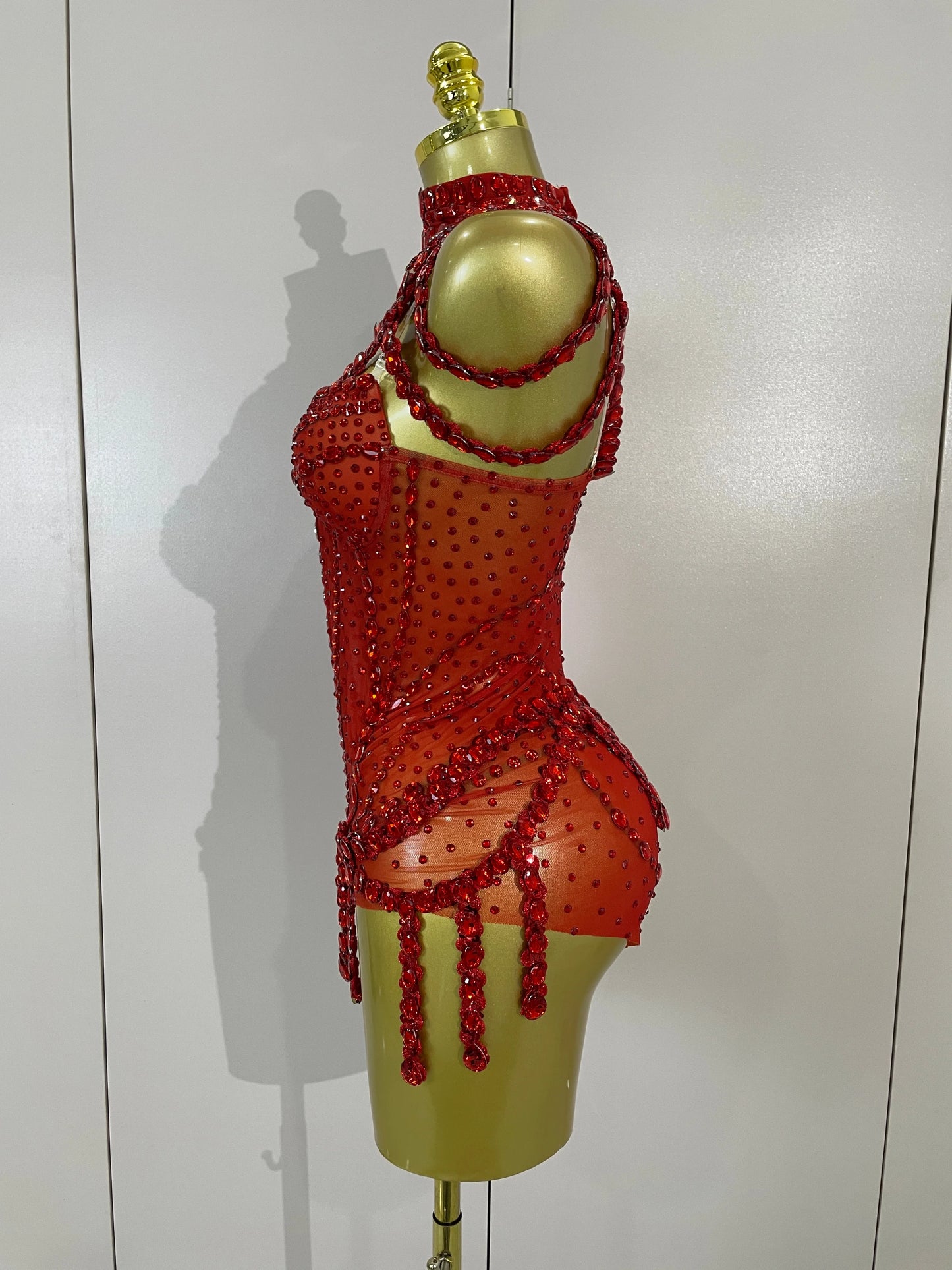 Luxury Sparkly Red Rhinestones Mesh Stretch Bodysuit Women Birthday Party Nightclub Bar Singer Dancer Performance Stage Costume