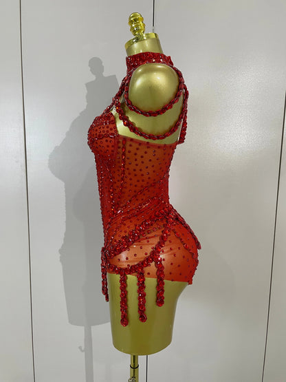 Luxury Sparkly Red Rhinestones Mesh Stretch Bodysuit Women Birthday Party Nightclub Bar Singer Dancer Performance Stage Costume