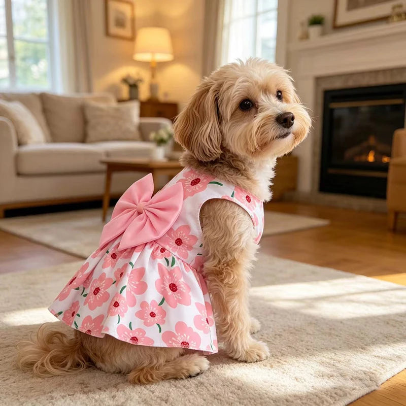 Puppy Summer Dress Dog Cat Princess Dress Pet Clothes for Small Medium Dogs Printed Bow Kitten Dog Skirt Yorkshire Teddy Apparel