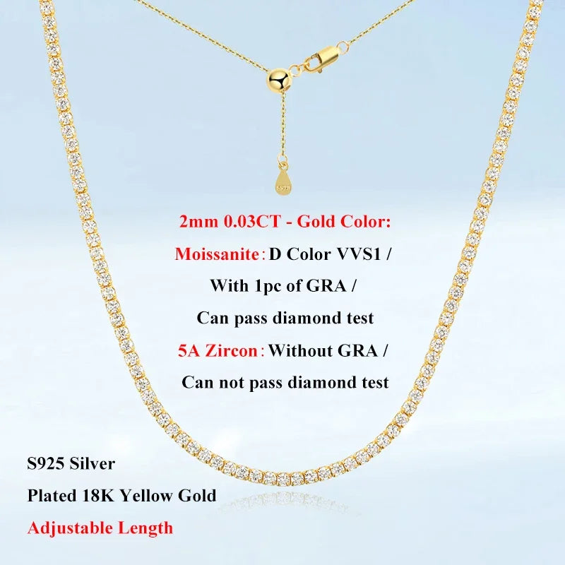 EWYA Adjustable Full 2mm 0.03CT D Color Moissanite Tennis Necklace for Women 925 Silver Plated 18K Gold Choker Neck Chain Gift