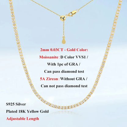 EWYA Adjustable Full 2mm 0.03CT D Color Moissanite Tennis Necklace for Women 925 Silver Plated 18K Gold Choker Neck Chain Gift