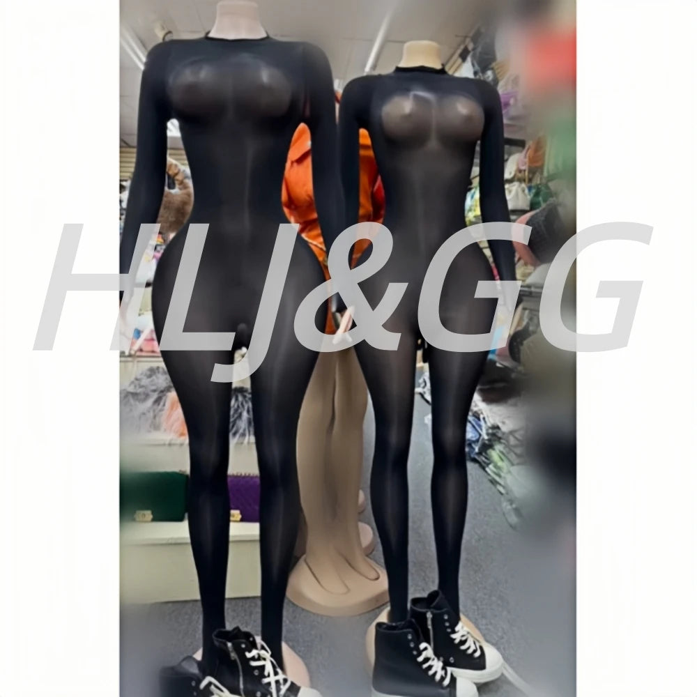 HLJ&GG Sexy Mesh See Through Bodycon One Piece Jumpsuits Women O Neck Long Sleeve Stretchy Overall Lady Party Clubwear Playsuits