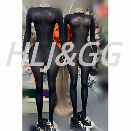 HLJ&GG Sexy Mesh See Through Bodycon One Piece Jumpsuits Women O Neck Long Sleeve Stretchy Overall Lady Party Clubwear Playsuits