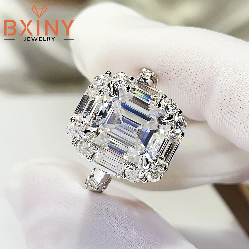 BXINY Luxury 9cttw Emerald Cut Full Moissanite Ring Pure S925 Silver for Women GRA Certified Diamonds Wedding Band Gifts Jewelry