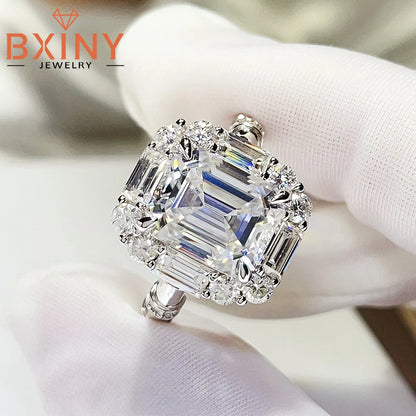 BXINY Luxury 9cttw Emerald Cut Full Moissanite Ring Pure S925 Silver for Women GRA Certified Diamonds Wedding Band Gifts Jewelry