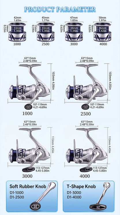 Huidiao 4+1BB Spinning Fishing Reel 1000/2500/3000/4000 10kg Max Drag 5.2:1 CNC Metal Spool Left/Right Interchangeable Saltwater
