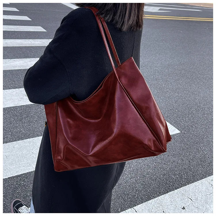 Personalized Name Embroidery Women's Large Tote Bag Brown Faux Leather Shoulder Handbag Vintage Soft Casual Bag for Work Travel