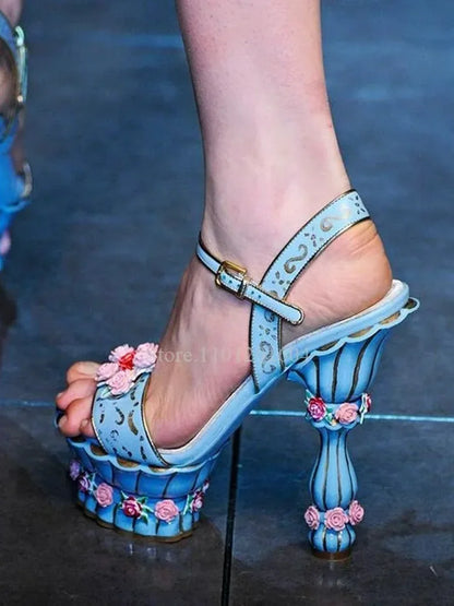 Cake Platform Palace Pink Open Sandals Women Flower Print Color Graffiti Heels Pillar Strange Style Sandals Round Slingback Shoe