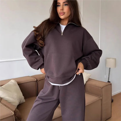 Women 2 Piece Tracksuit Solid Pocket Half Zip Sweatshirt And Jogger Pants Set Autumn Winter Pullover Casual Sports Outfits
