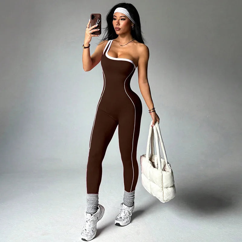 Women Sports One Shoulder Jumpsuits Tracksuits Yoga Pants Bodysuits Line Workout Fitness Gym Training Athletic Tights Suits