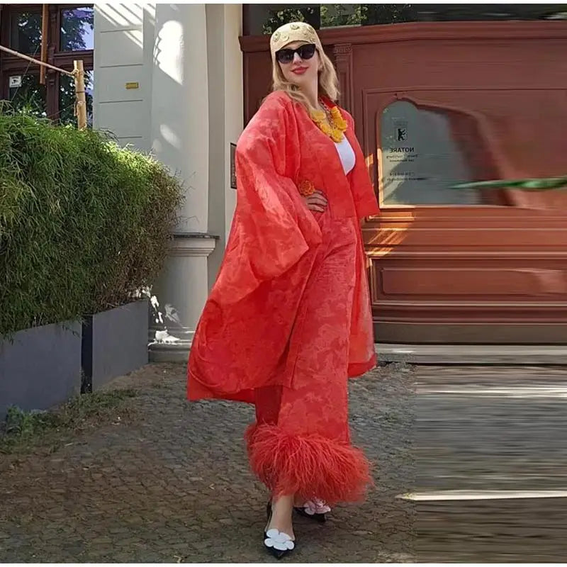 Jacquard Satin Fringe Three Piece Set Kimono Long Open Coat Wrap V Neck Top Fringe Trousers 2026 Summer Resort Lady Elegant Suit