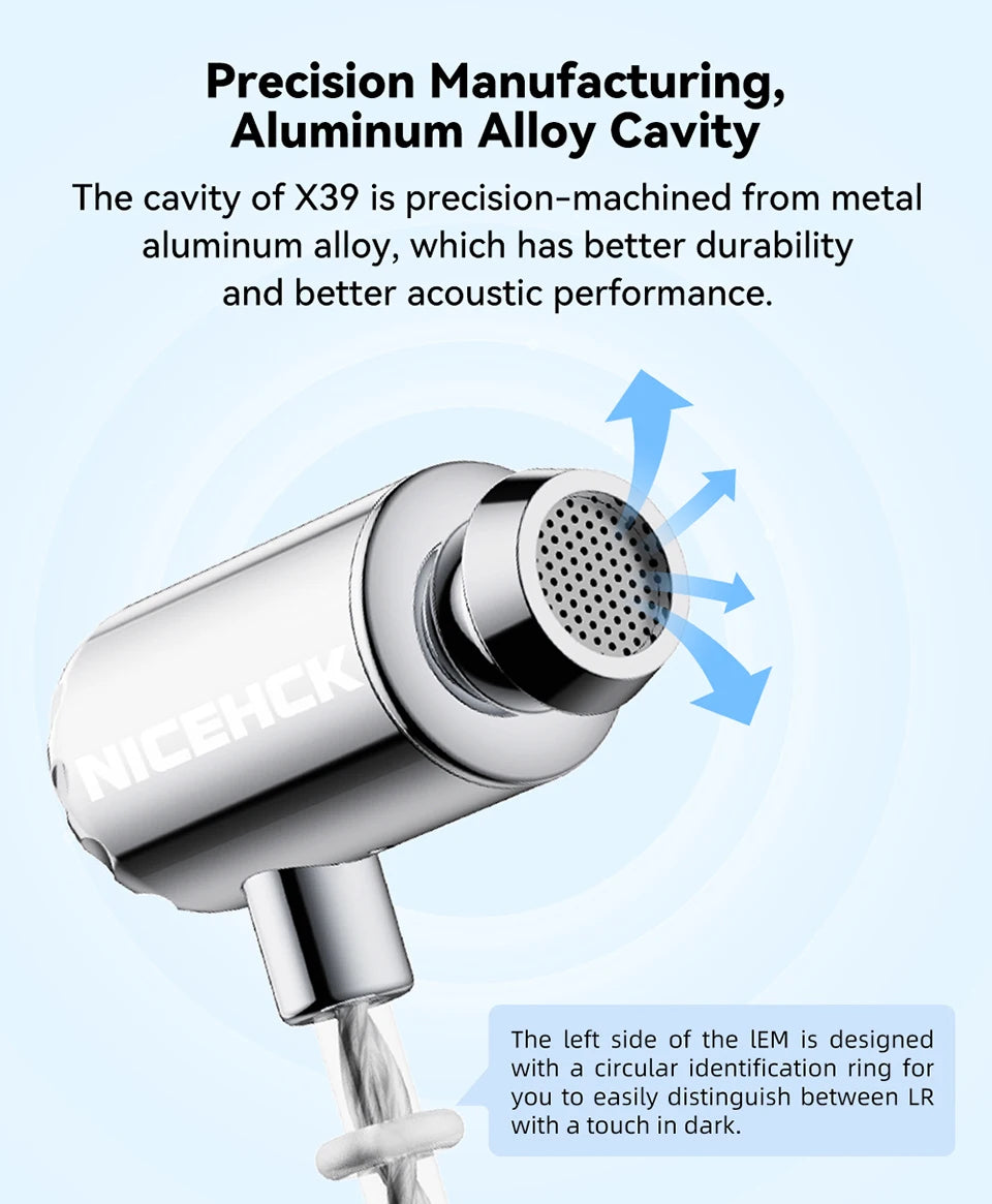 NICEHCK X39 IEM Aluminum Alloy Shell HIFI Microphone Earbud 6mm Titanium Plated Dynamic Headset Bass Vocal DJ In-ear Earphone