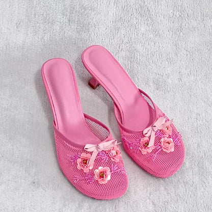 Summer mesh flower beads women slide sexy thin heel sandal