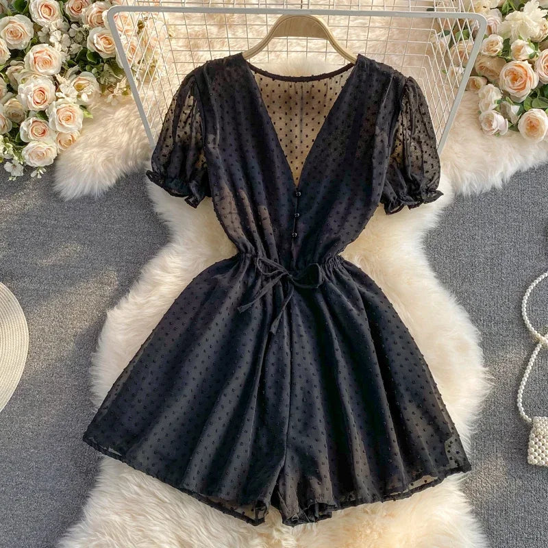 2025 Summer Women Playsuit Polka Dot See Through Thin Beach Rompers Sexy V-neck Short Sleeve Drawstring Sash Slim Waist Overalls