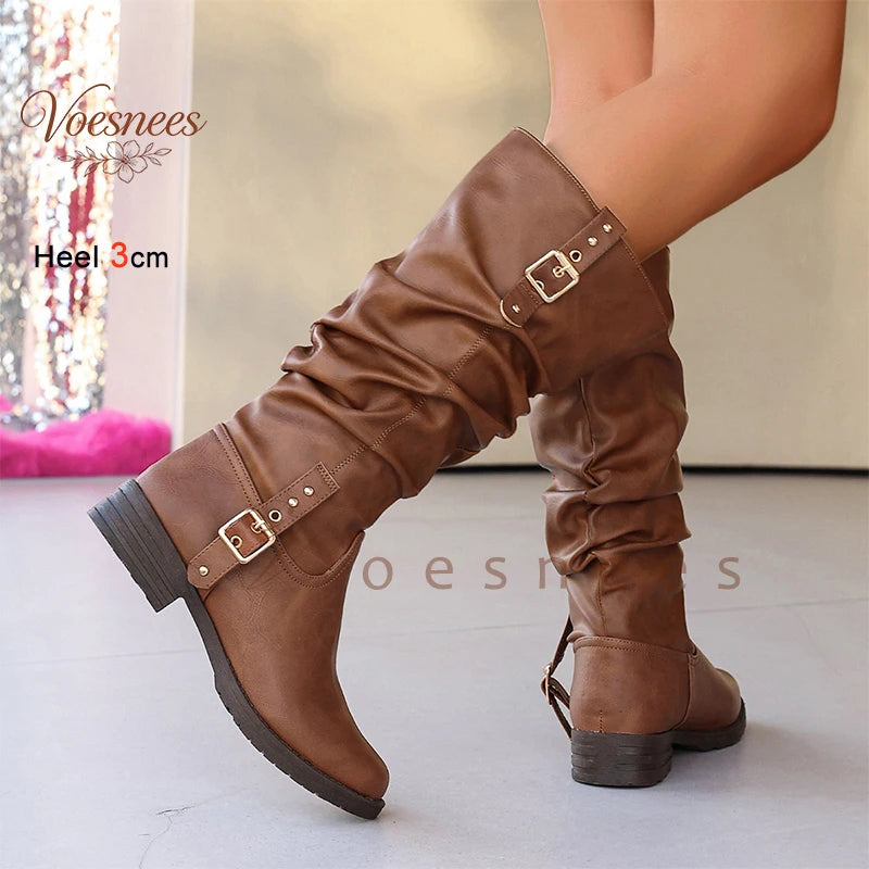 New Autumn Winter Vintage Women Knee High Boots Double Metal Buckle Thick Heels 3CM Knight Boots Casual Pull On Long Boots Shoes