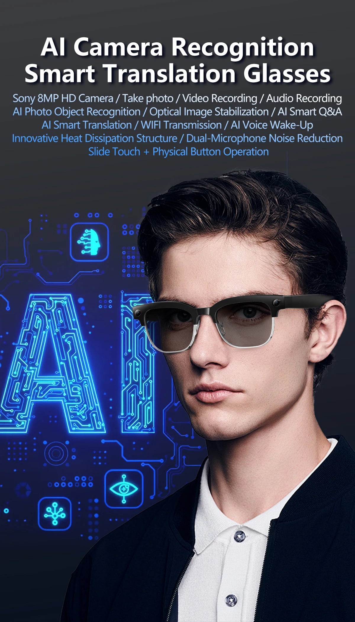 New AI Smart Glasses Various Language Translation 800W Pixel Camera Video Music Player Call Business 8K Color Change Glasses Men