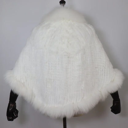 Women 100% Real Rabbit Fur Shawl Scarf With Fox Fur Collar Winter Warm Knitted Rabbit Fur Poncho Girls Party Fashion Accessories