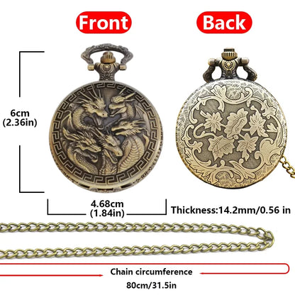 Vintage Steampunk Handsome Dragon Group Carved Quartz Pocket Watch Necklace Pendant Clock Chain Men's and Women's Gifts